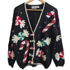 Belle Pointe Womens Vtg 90s Christmas Holiday Candy Sequins Cardigan Sweater L